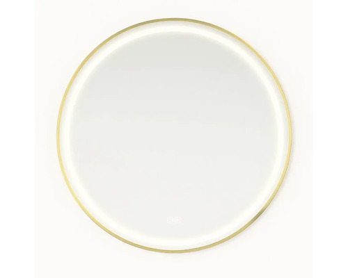 Rund spegel med gyllene ram och integrerad belysning