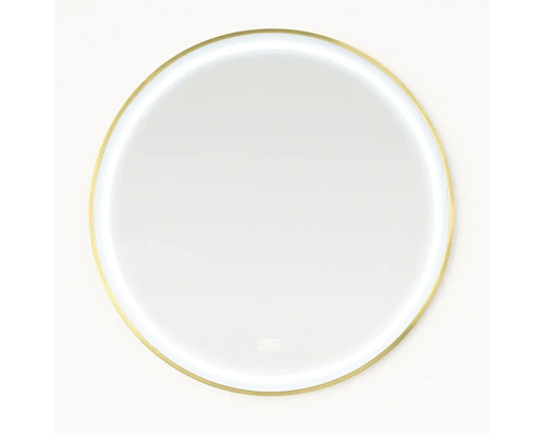 Rund spegel med integrerad belysning och guldfärgad ram