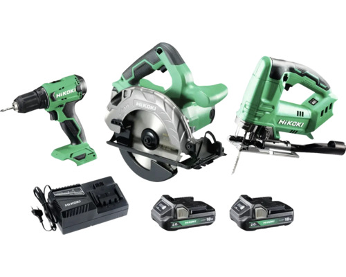 Hikoki batteridrivet verktygsset med borrmaskin, cirkelsåg, sticksåg, laddare och batterier
