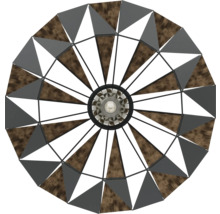 Taklampa med triangulära element av trä och metall