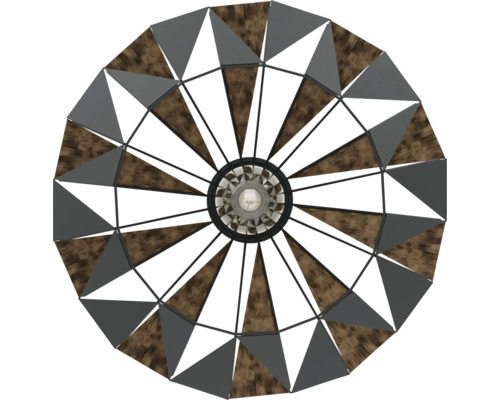 Taklampa med triangulära element av trä och metall