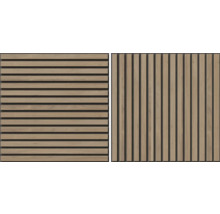 Två akustikpaneler i trä med olika lamellkonfigurationer