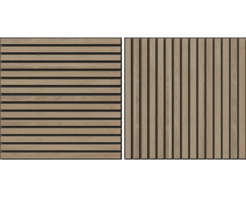 Två akustikpaneler i trä med olika lamellkonfigurationer