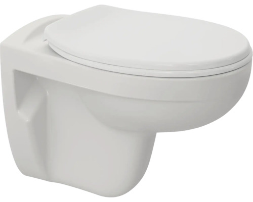 Vägghängd toalett med djup spoling och monterad toalettsits