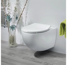 Vägghängd toalettstol med sits i ett ljust badrum.