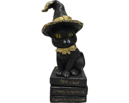 Dekorativ kattfigur med häxhatt på en stapel böcker som Halloween dekoration