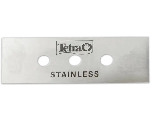 Tetra reservblad i rostfritt stål för akvarieskrapa med tre hål och Tetra Logo.