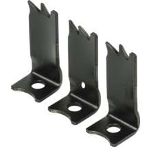 Tre metall hörnanslutningar med sågtänder och borrhål