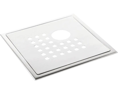 Golvbrunnsil TEBO Stockholm lux borstad rostfritt stål 20x20cm Fyrkantigt golvbrunn i metall med fyrkantiga och runda öppningar