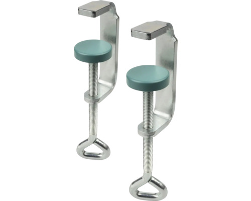 Två skruvtvingar i metall med runda tryckplattor och ringhandtag.