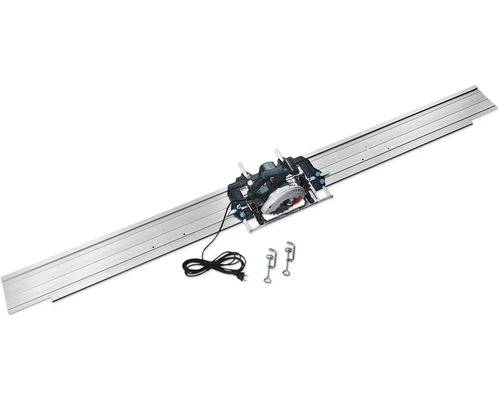 Handcirkelsåg på styrskena av metall med två skruvtvingar och anslutningskabel.