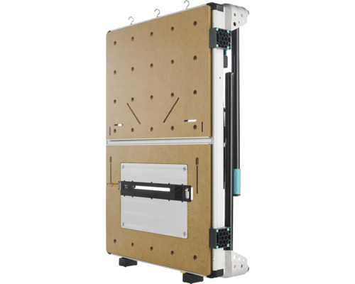 Hopfällbart spännbord och maskinbord med MDF-arbetsskiva, hålmönster och integrerad skala.