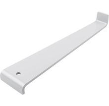 Robust hyllkonsol i metall med upphängningskrok och monteringshål.