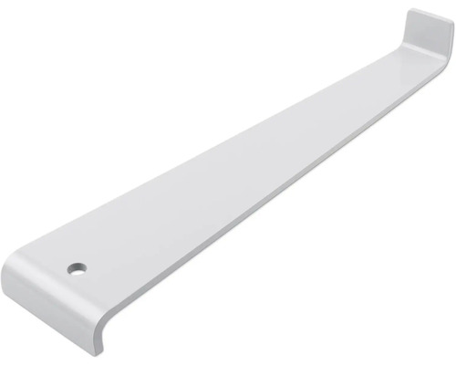 Robust hyllkonsol i metall med upphängningskrok och monteringshål.