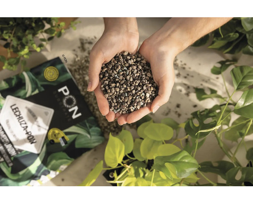 En handfull Lechuza Pon växtsubstrat ovanför ett paket och växter