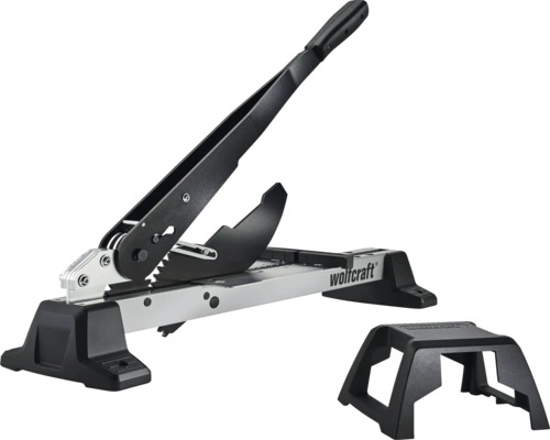 Wolfcraft laminatskärare med långt handtag och separat materialstöd.