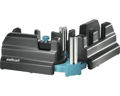 Wolfcraft smygvinkel och geringslåda av plast med styrpinnar av metall för exakt sågning av vinklar.