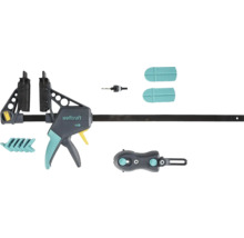 Wolfcraft enhandsving med tillbehörssats bestående av borr, skyddskåpor och adaptrar.