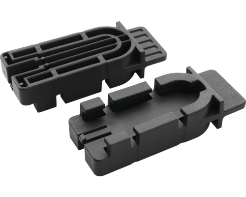 Två svarta monteringsdetaljer i plast med rektangulär form, spår och styrskenor för möbel- eller fönstermontering.