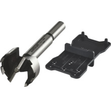 Wolfcraft Forstnerborr med 35 millimeters diameter och en svart markeringsmall för dolda gångjärn.