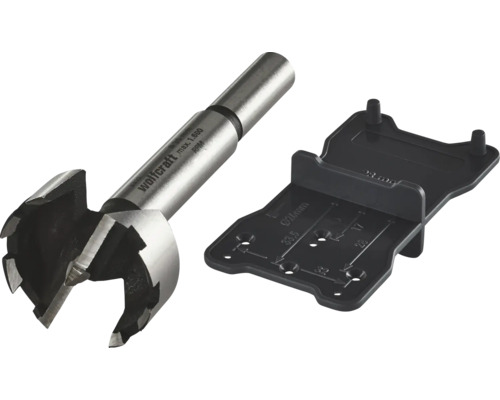 Wolfcraft Forstnerborr med 35 millimeters diameter och en svart markeringsmall för dolda gångjärn.