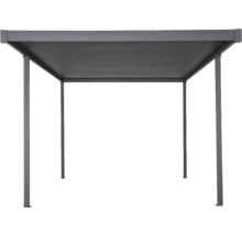 Metallpaviljong med rektangulärt tak och fyra stödpelare.