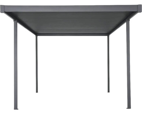 Metallpaviljong med rektangulärt tak och fyra stödpelare.