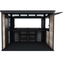 Öppen trädgårdsbar med hyllor och sidodörrar