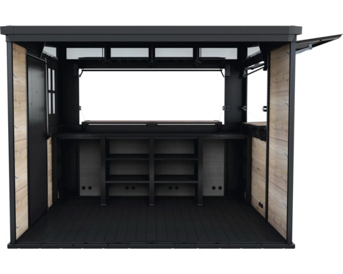 Öppen trädgårdsbar med hyllor och sidodörrar