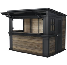 Försäljningsstånd med träpanel och uppfällbart fönster