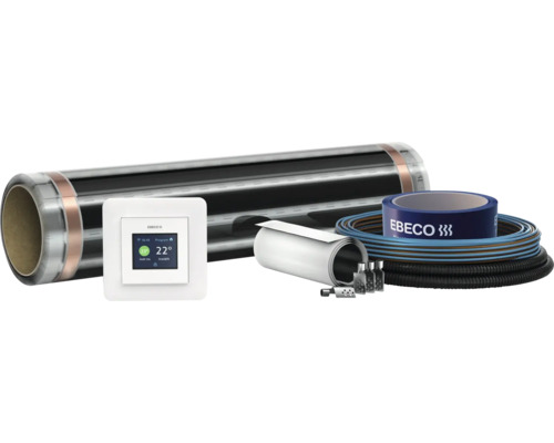 Ebeco golvvärmeset med termostat, värmefolie, anslutningsmaterial och installationstillbehör