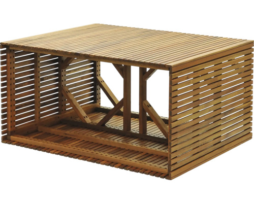 Vedförvaring för trädgården av träribbor