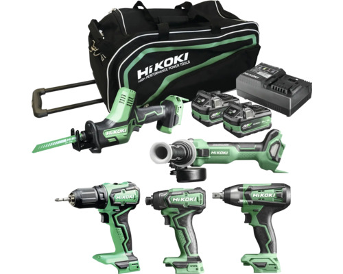 HiKOKI verktygsväska med tigersåg, vinkelslip, borrmaskin, mutterdragare och laddare