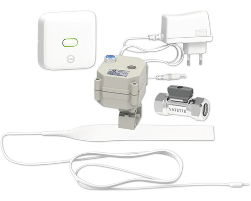Automatiskt vattenstoppset med sensor, styrenhet, kulventil, kontakt och kabel