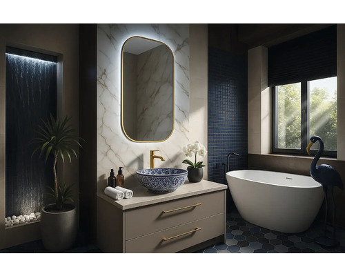 Modernt badrum med tvättställ, spegel, badkar och dekoration