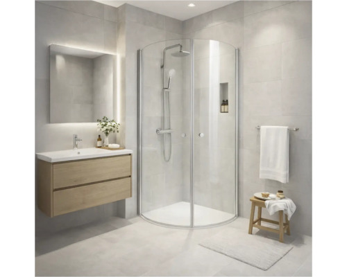 Ljust badrum med duschkabin, tvättställ och spegel med belysning.