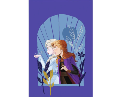 Illustration med karaktärerna Elsa och Anna från filmen Frost, avbildade i en scen med växter och en ljusblå bakgrund