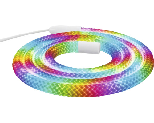 Flexibel LED-ljusslang med färgglada regnbågsfärger, upprullad.