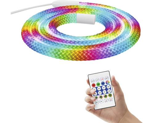 Flexibel LED-ljusslang med regnbågsfärger och fjärrkontroll för färginställning.