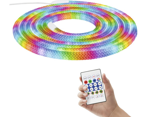 Flexibel LED-ljusslang i regnbågsfärger med fjärrkontroll för inställning av färger och ljuseffekter.
