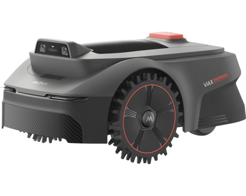 Robotgräsklippare med röd knapp och 'Mova'-logotyp