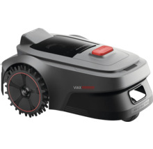 Grå robotgräsklippare med röd stoppknapp