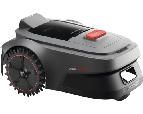 Grå robotgräsklippare med röd stoppknapp