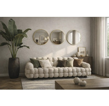 Vardagsrum med stoppad soffa, prydnadskuddar, krukväxt i en kruka och tre runda speglar på väggen.