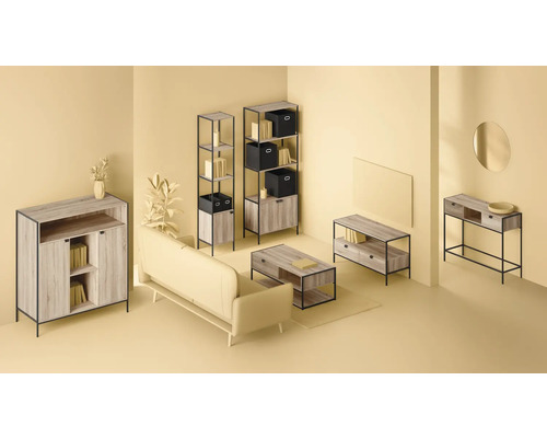 Vardagsrum med soffa, soffbord, skänk, konsol och hyllor i modern design
