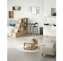 Ljust vardagsrum med hyllsystem, bord, stol, soffa och pentry.