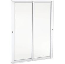 Vit skjutdörrsgarderob med två dörrar och diskreta handtag.