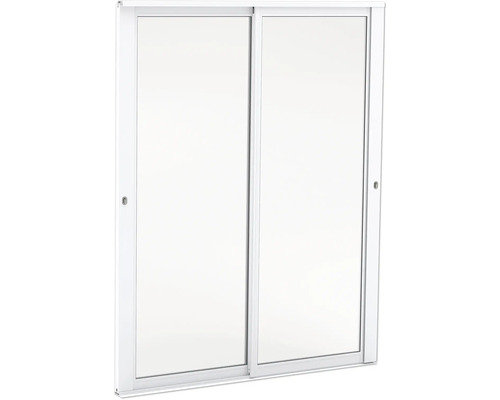 Vit skjutdörrsgarderob med två dörrar och diskreta handtag.