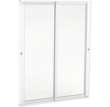 Vit skjutdörr med två paneler och integrerade handtag.