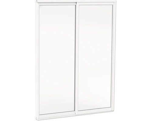 Tvåbladig skjutdörr med smal vit ram och vita paneler.